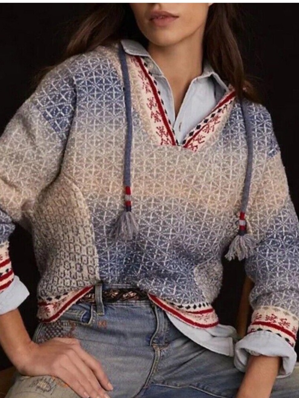 Anthropologie Pilcro Hooded Abstract V-Neck Boxy Sweater with Red Trim